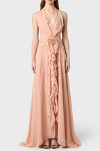 Flowering Girl Women Aonaver Floral Ruffle Halter Maxi Dress in Pink