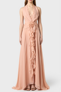 Flowering Girl Women Aonaver Floral Ruffle Halter Maxi Dress - Pink