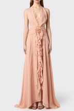 Flowering Girl Women Aonaver Floral Ruffle Halter Maxi Dress - Pink