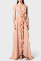 Flowering Girl Women Aonaver Floral Ruffle Halter Maxi Dress in Pink