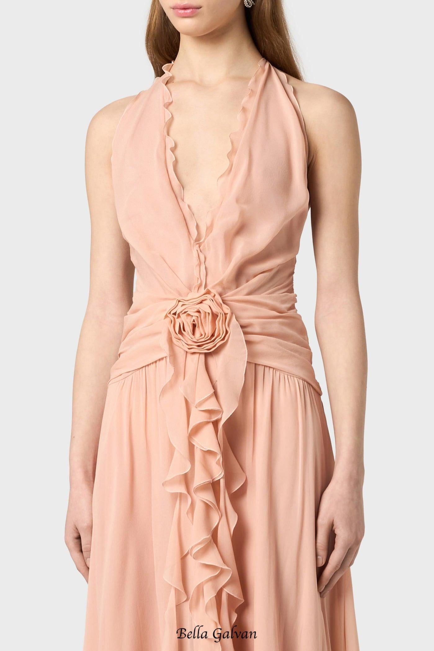 Flowering Girl Women Aonaver Floral Ruffle Halter Maxi Dress in Pink
