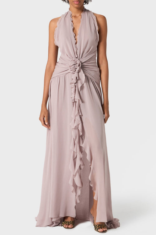 Flowering Girl Women Aonaver Floral Ruffle Halter Maxi Dress - Purple