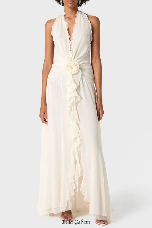Flowering Girl Women Aonaver Floral Ruffle Halter Maxi Dress in White