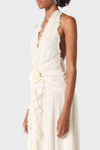 Flowering Girl Women Aonaver Floral Ruffle Halter Maxi Dress in White
