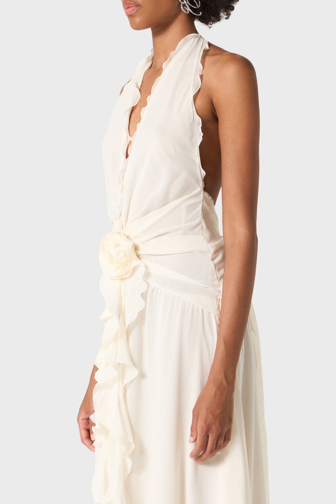 Flowering Girl Women Aonaver Floral Ruffle Halter Maxi Dress in White