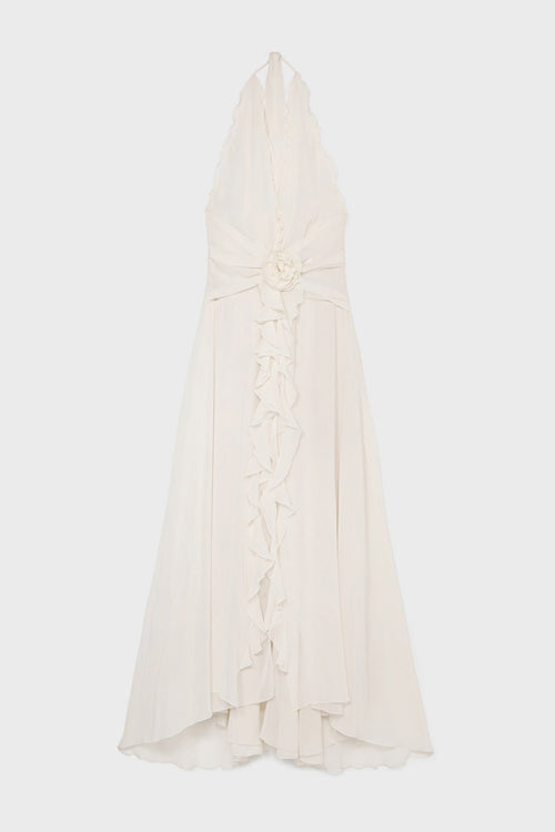Flowering Girl Women Aonaver Floral Ruffle Halter Maxi Dress in White