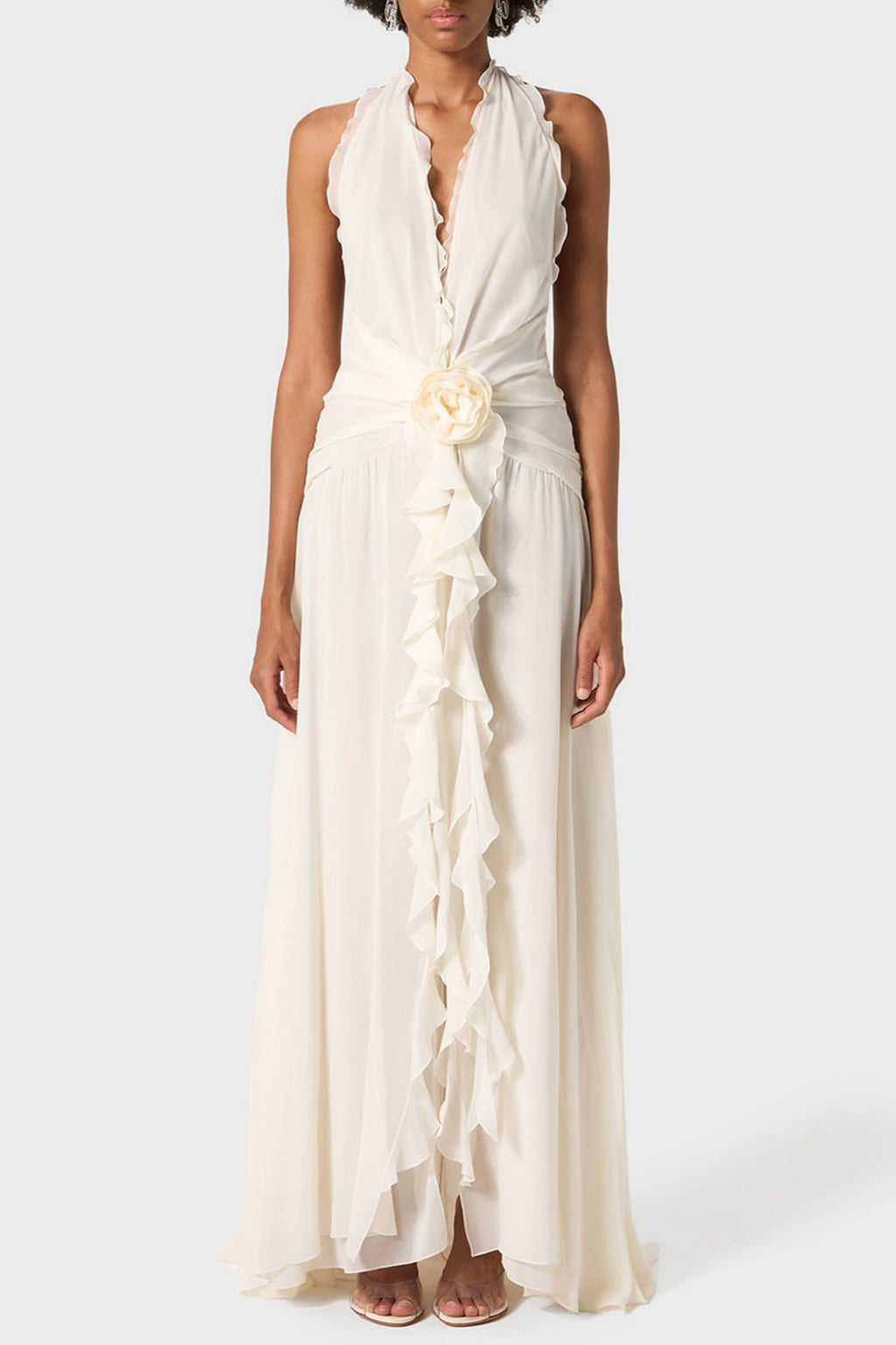 Flowering Girl Women Aonaver Floral Ruffle Halter Maxi Dress in White
