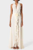 Flowering Girl Women Aonaver Floral Ruffle Halter Maxi Dress in White
