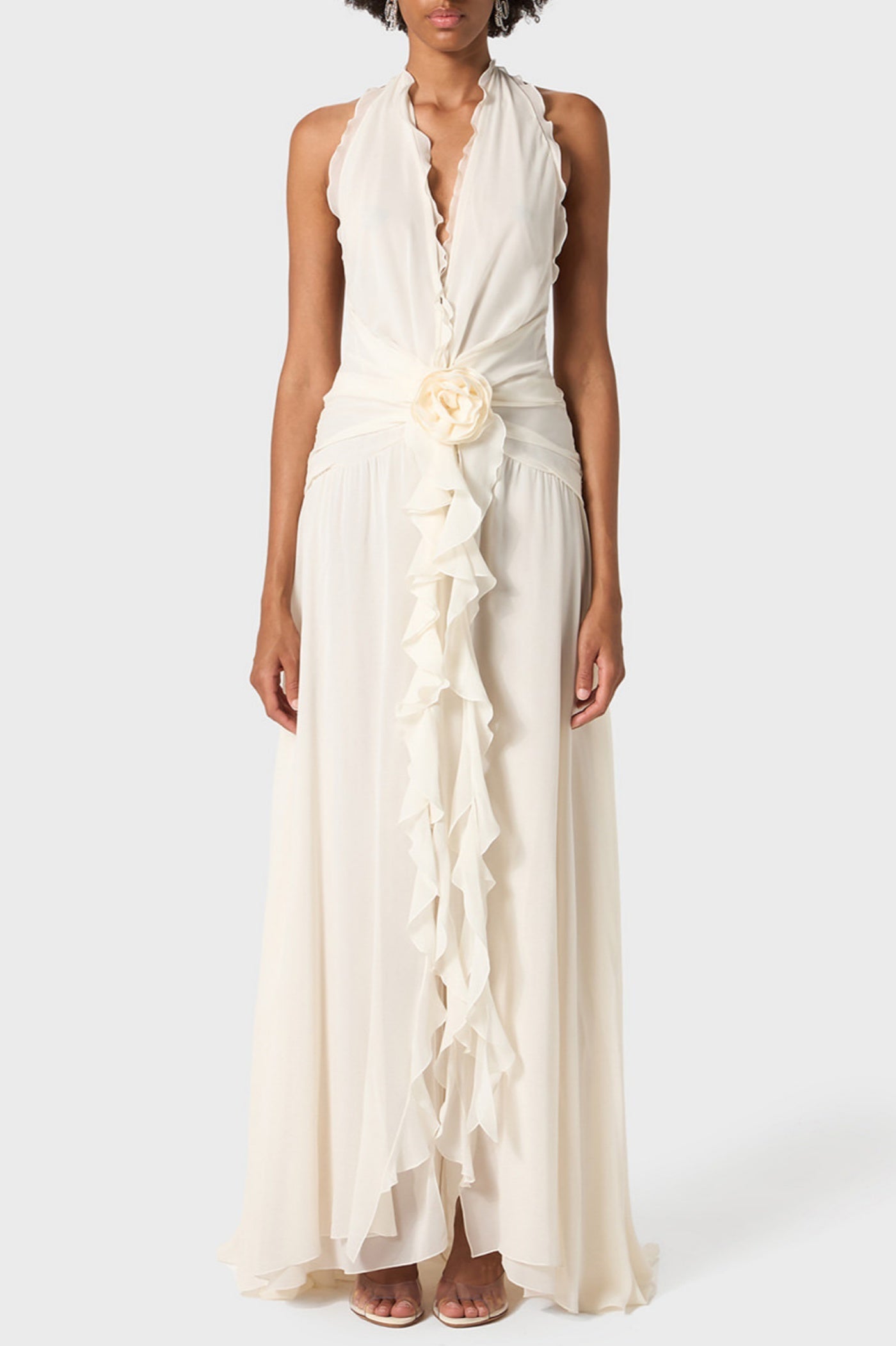 Flowering Girl Women Aonaver Floral Ruffle Halter Maxi Dress in White