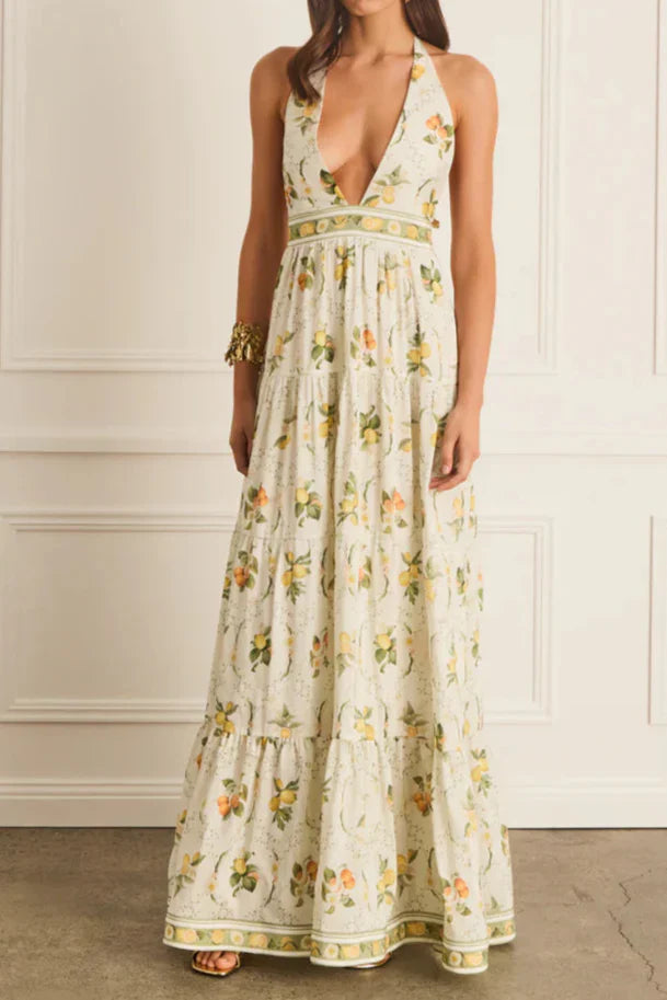Flowering Girl Women Valencia Jacinta floral print Maxi Dress in yellow