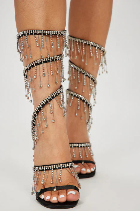 Flowering Girl Women Arabella Rhinestone Tassel Stiletto Heels - Black