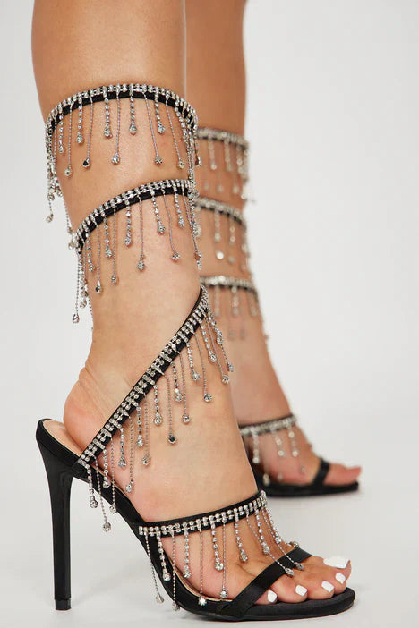 Flowering Girl Women Arabella Rhinestone Tassel Stiletto Heels - Black