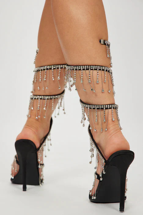 Flowering Girl Women Arabella Rhinestone Tassel Stiletto Heels - Black