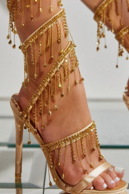 Flowering Girl Women Arabella Rhinestone Tassel Stiletto Heels - Gold