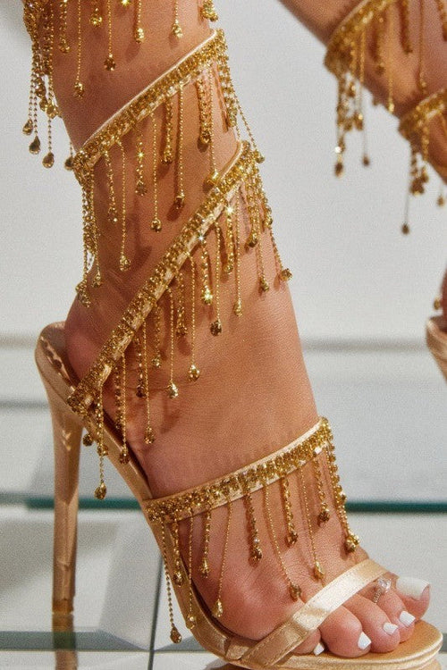 Flowering Girl Women Arabella Rhinestone Tassel Stiletto Heels - Gold