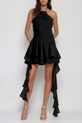 Aracely Halter Neck Mesh Ruffle Fringe Mini Dress In Black
