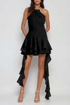 Aracely Halter Neck Mesh Ruffle Fringe Mini Dress In Black