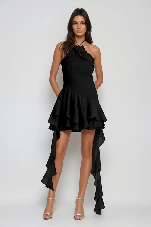 Aracely Halter Neck Mesh Ruffle Fringe Mini Dress In Black