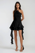 Aracely Halter Neck Mesh Ruffle Fringe Mini Dress In Black