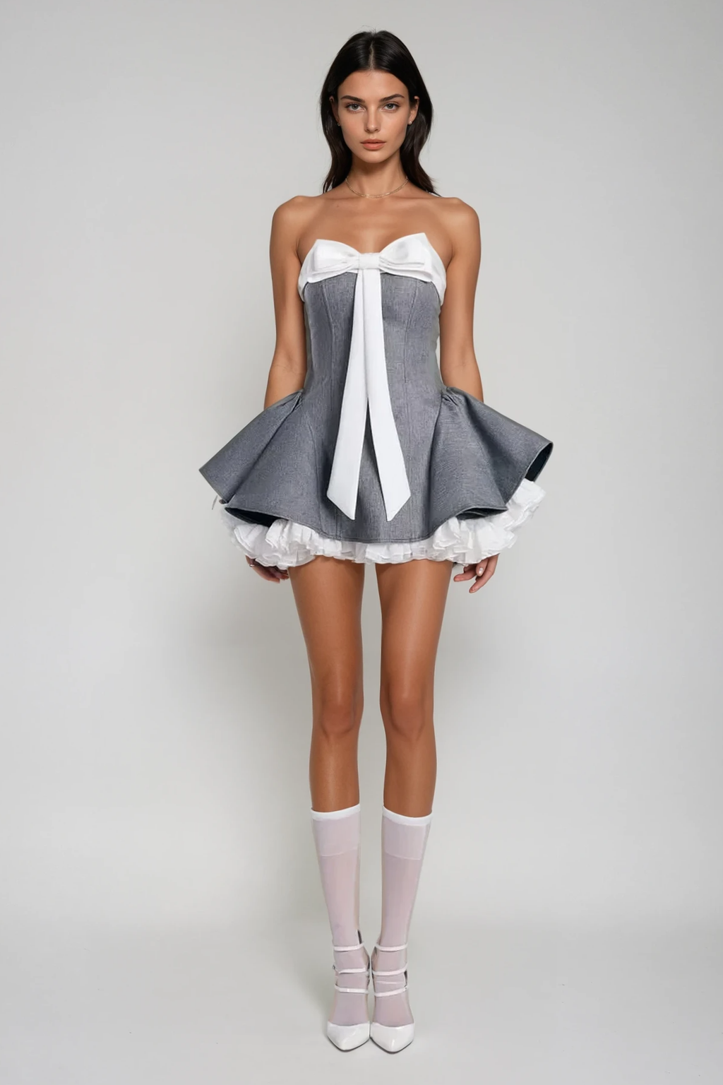 Flowering Girl Women Arafa Bow Lace Ruffle Strapless Mini Dress