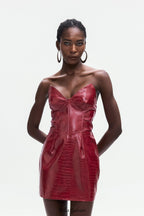 janice Crocodile Pattern Strapless Leather Mini Dress