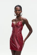 janice Crocodile Pattern Strapless Leather Mini Dress