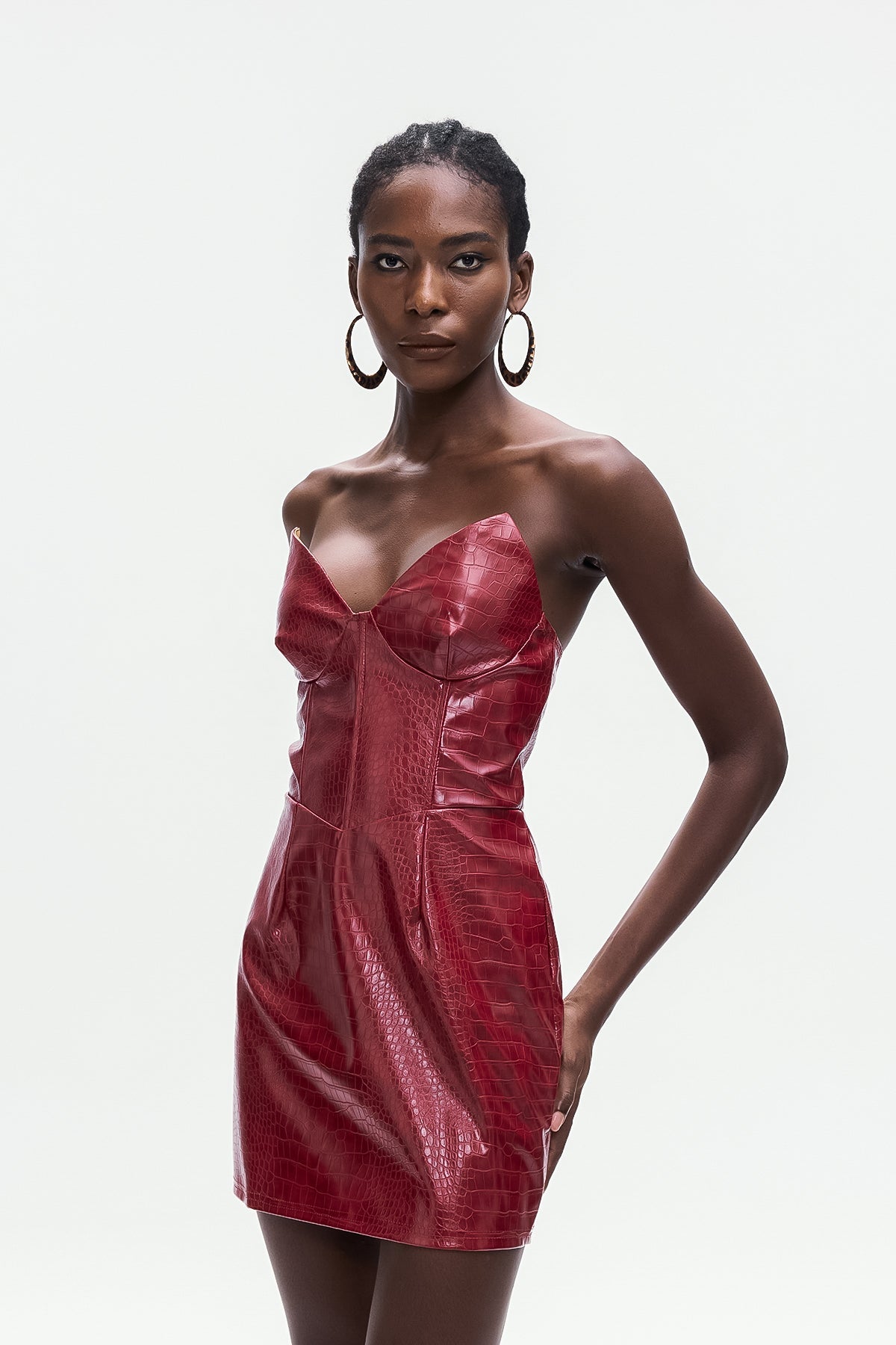 janice Crocodile Pattern Strapless Leather Mini Dress