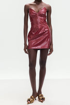 janice Crocodile Pattern Strapless Leather Mini Dress