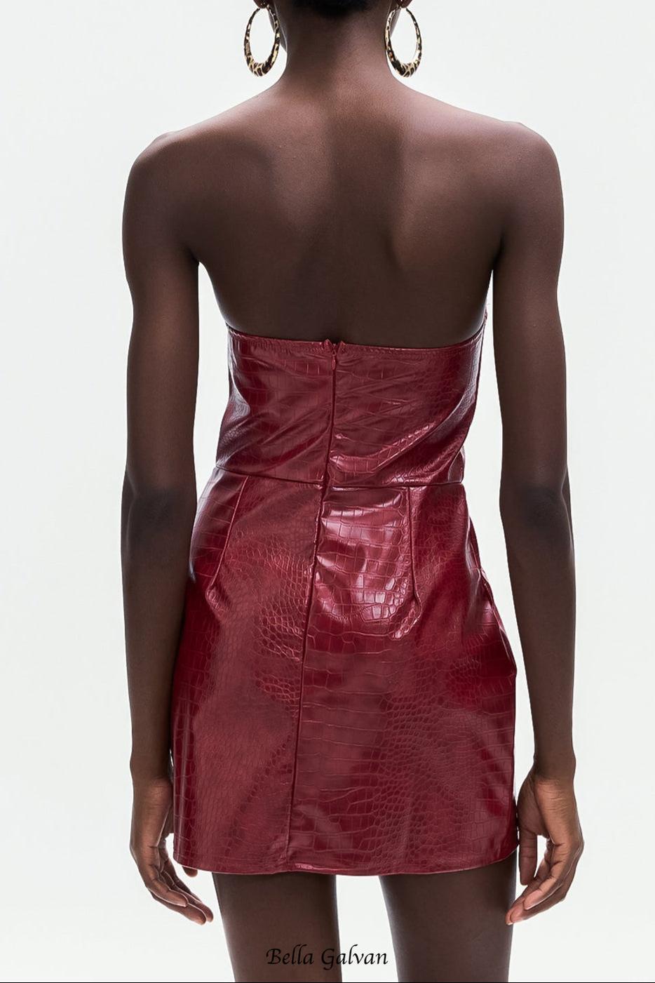 janice Crocodile Pattern Strapless Leather Mini Dress