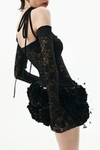 Flowering Girl Women Lace Floral Appliqué Two Piece Set - Black