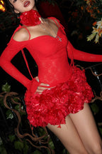 Flowering Girl Women Lace Floral Appliqué Two Piece Set - Red
