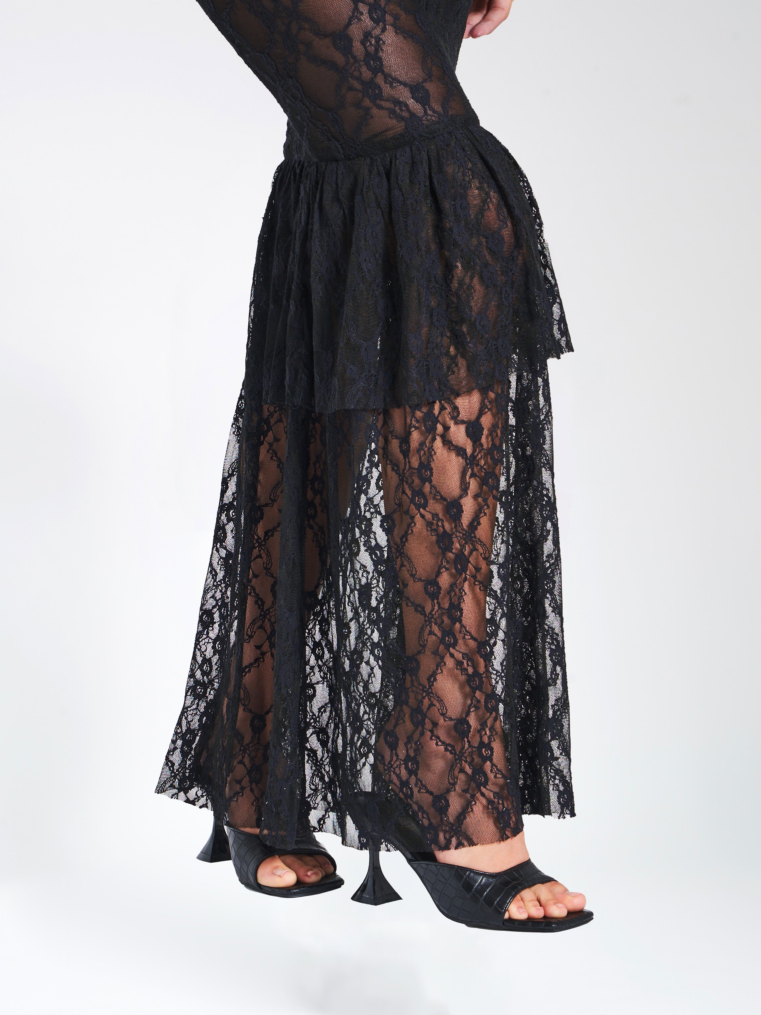 zenobia Black Lace strapless Corset Maxi Dress