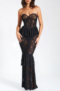 zenobia Black Lace strapless Corset Maxi Dress