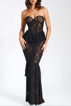 zenobia Black Lace strapless Corset Maxi Dress