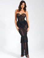 zenobia Black Lace strapless Corset Maxi Dress