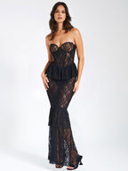 zenobia Black Lace strapless Corset Maxi Dress