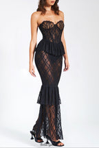 zenobia Black Lace strapless Corset Maxi Dress