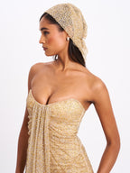 Ada Gold Rhinestone Embellished Strapless Gown With Head Scarf