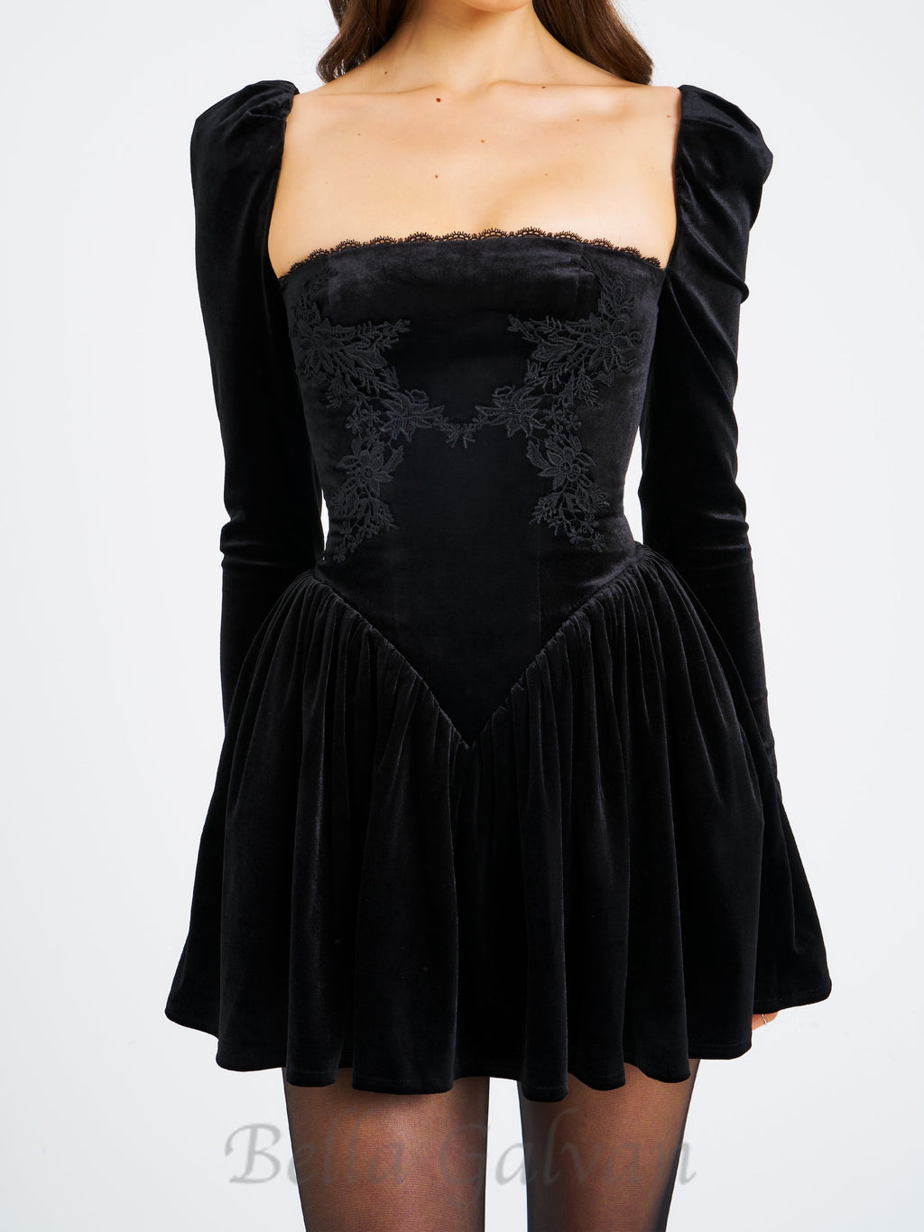 Flowering Girl Women Yolanda Black Velvet Long Sleeve Mini Dress with Lace Trim