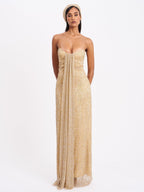 Ada Gold Rhinestone Embellished Strapless Gown With Head Scarf