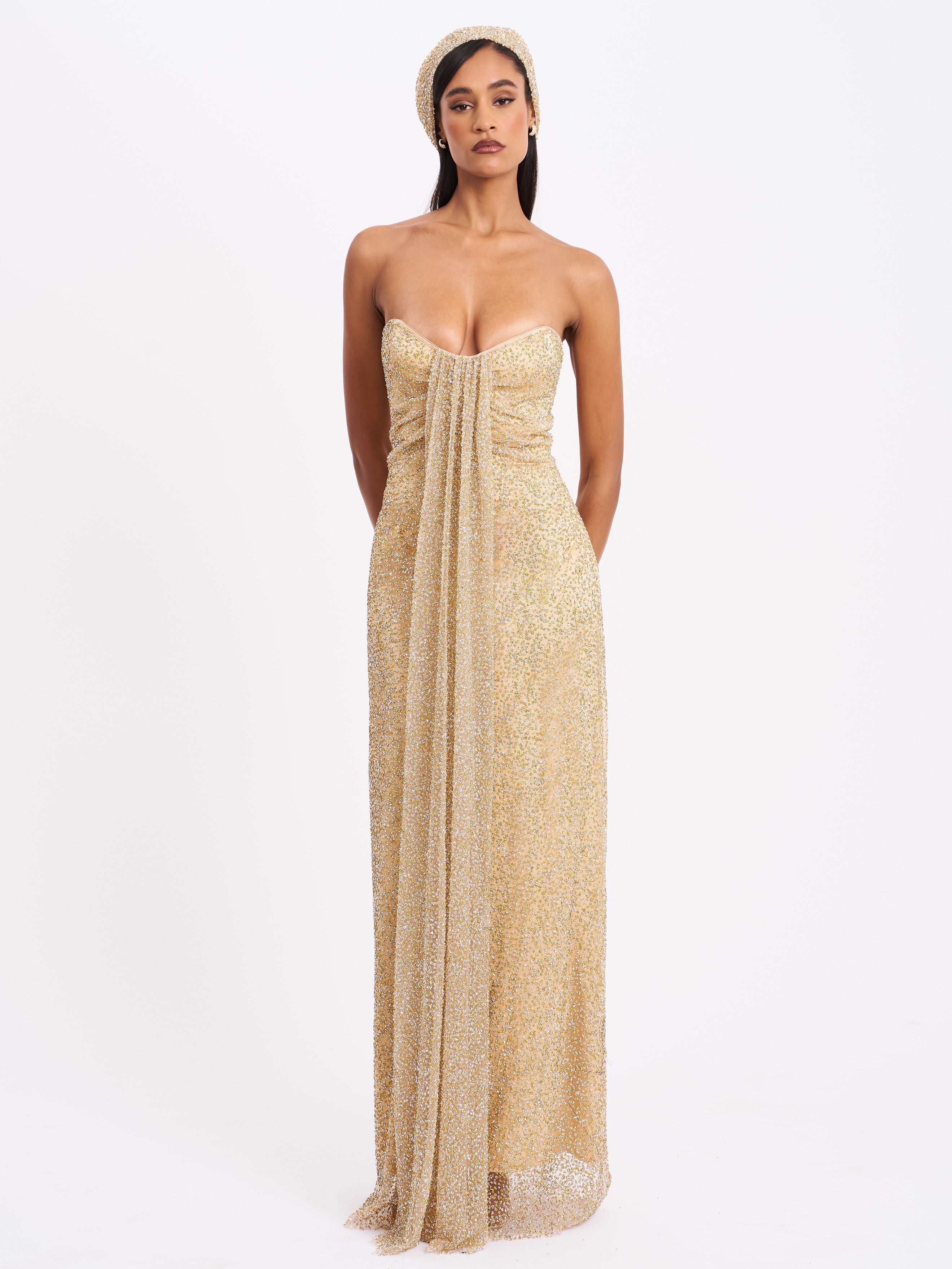 Ada Gold Rhinestone Embellished Strapless Gown With Head Scarf