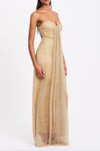 Ada Gold Rhinestone Embellished Strapless Gown With Head Scarf