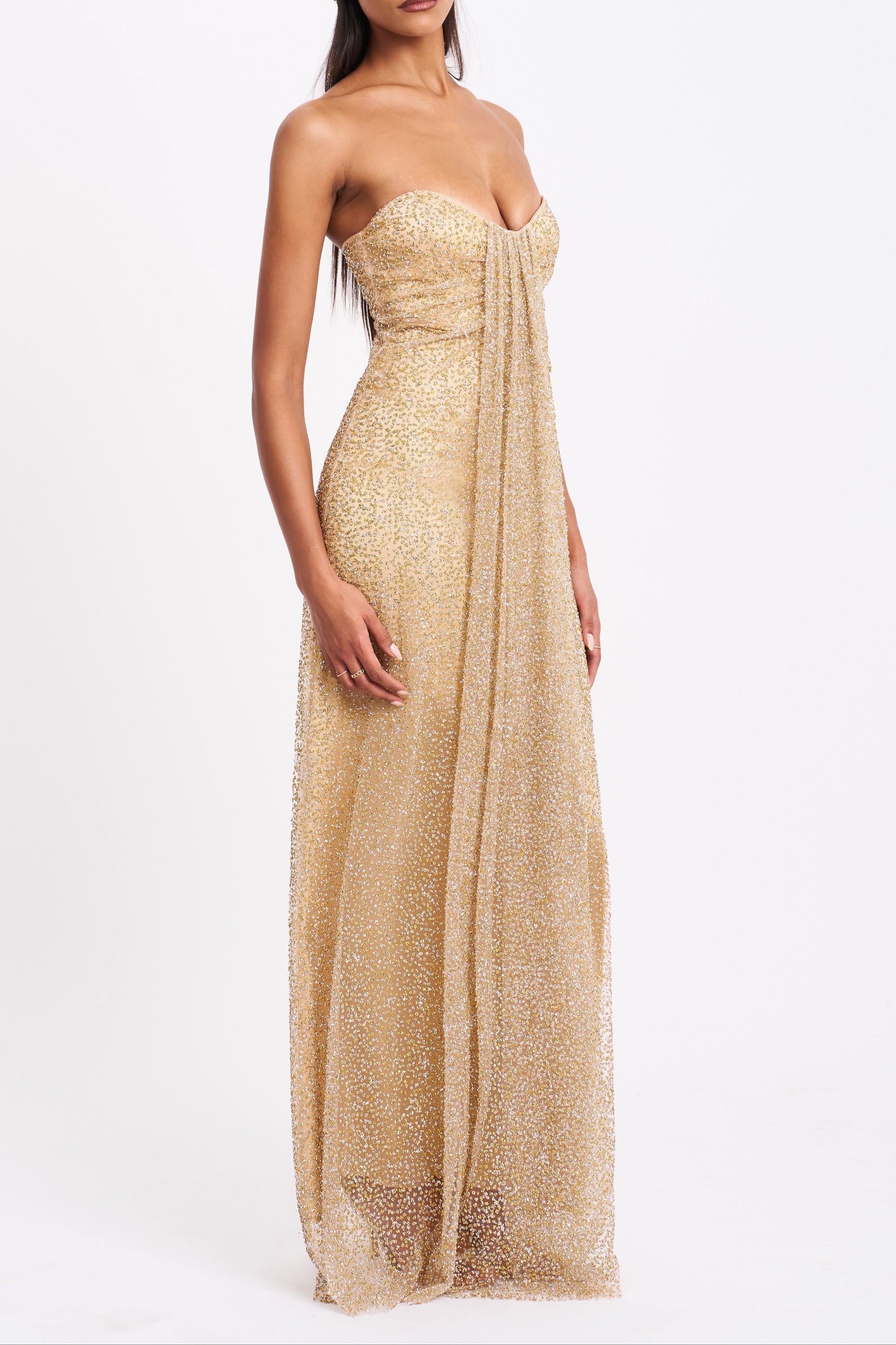 Ada Gold Rhinestone Embellished Strapless Gown With Head Scarf