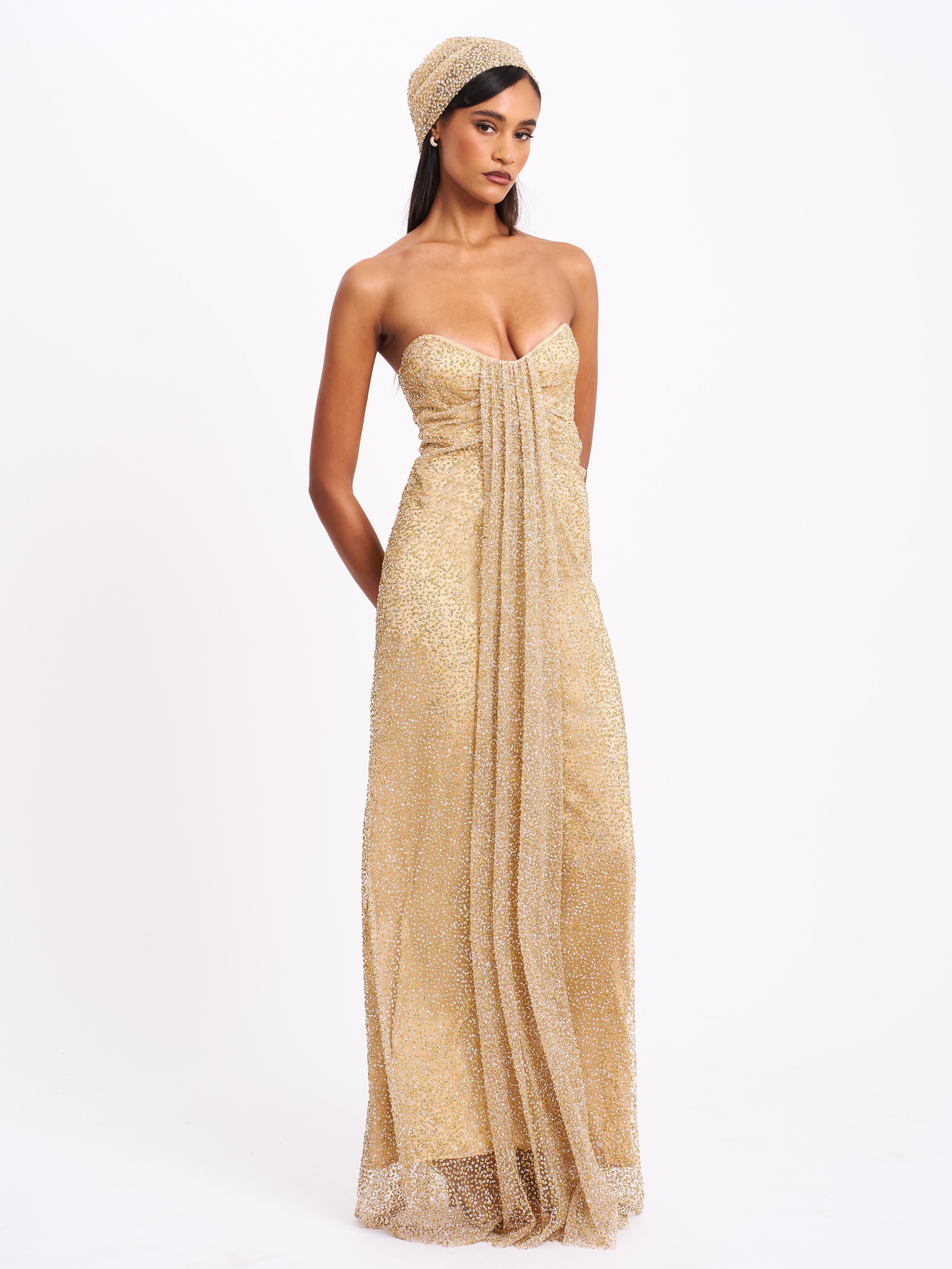 Ada Gold Rhinestone Embellished Strapless Gown With Head Scarf