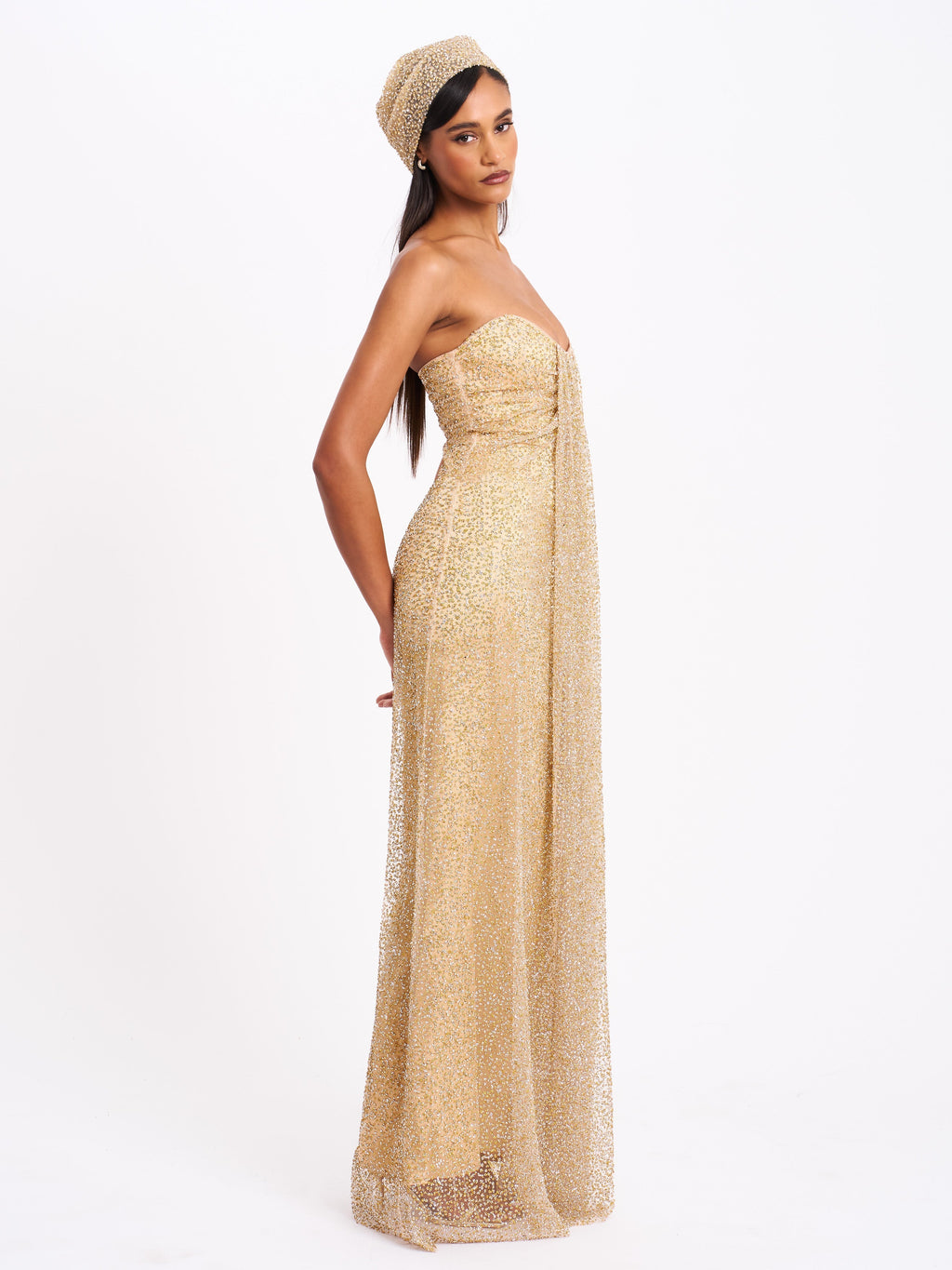 Ada Gold Rhinestone Embellished Strapless Gown With Head Scarf