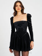Flowering Girl Women Yolanda Black Velvet Long Sleeve Mini Dress with Lace Trim