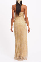 Ada Gold Rhinestone Embellished Strapless Gown With Head Scarf