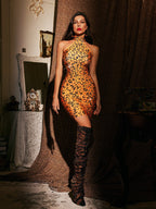 Flowering Girl Women High Neck Rhinestone Leopard Mini Dress