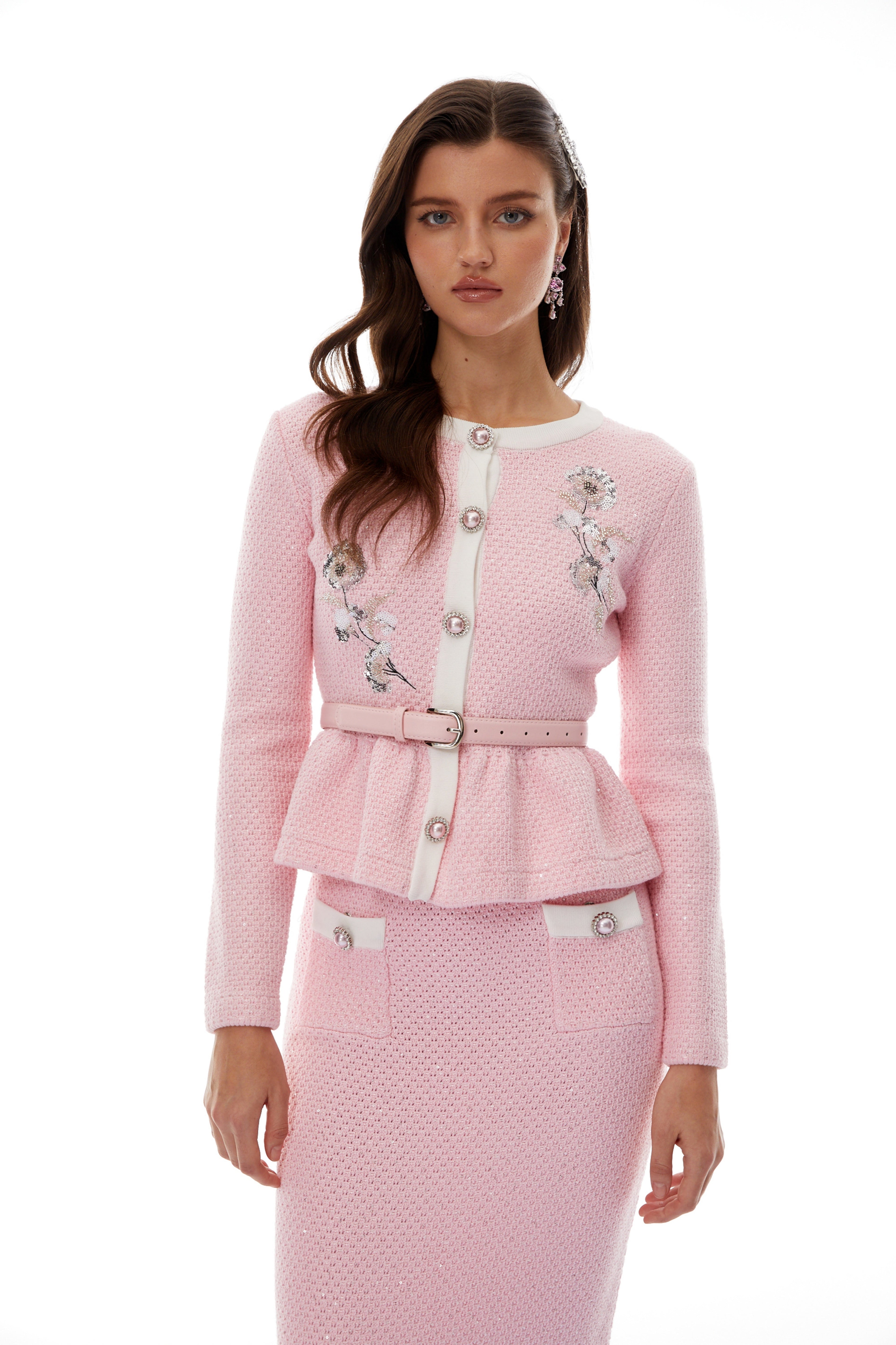 Shirley Sequined Knit Cardigan & Skirt Set - Pink