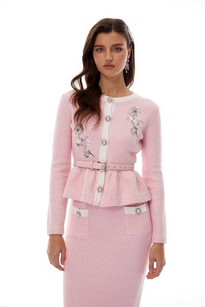 shirley Sequined Knit Cardigan & Skirt Set - pink